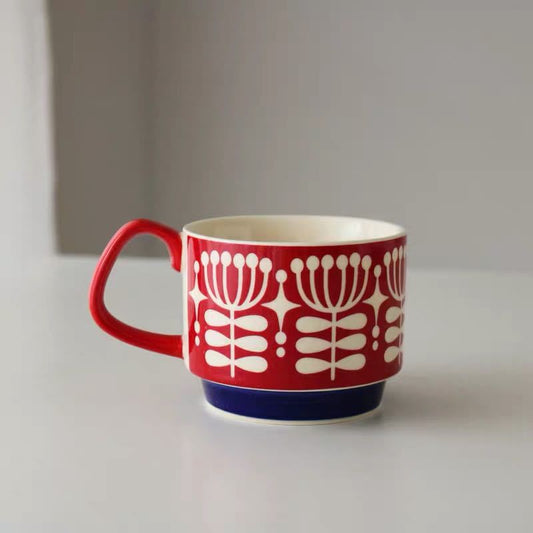 Premium Ceramic Retro Underglaze Coffee Cups - Stackable Nordic Flower Pattern Mugs