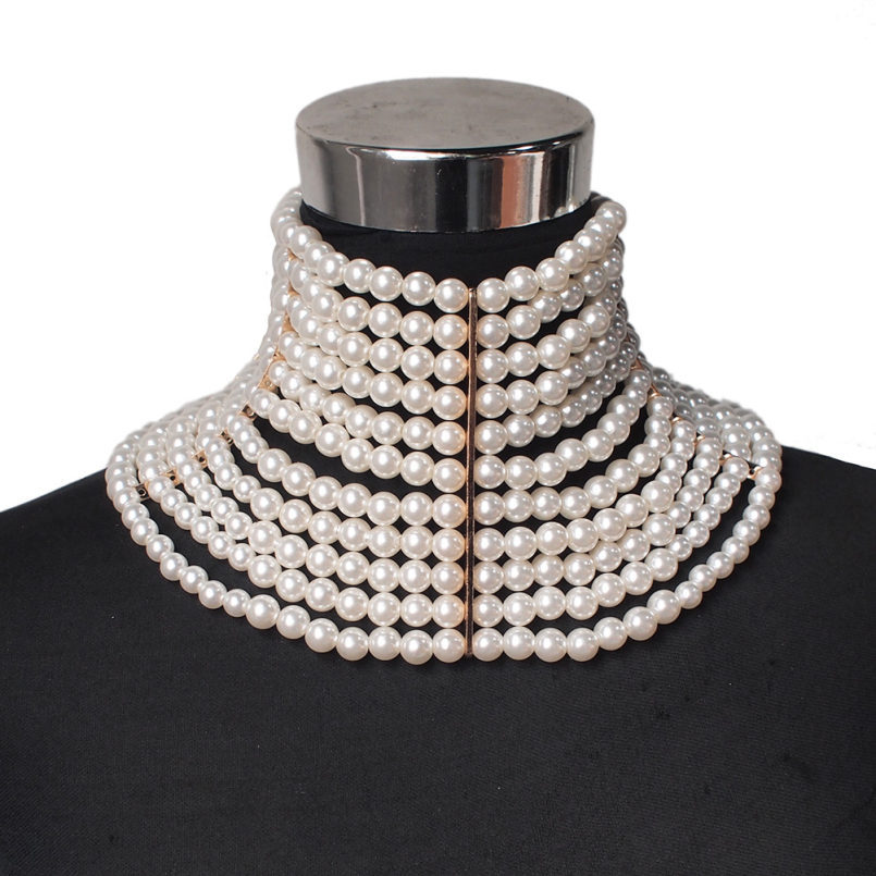 Multi-Layered Pearl Statement Necklace - Bold Choker Style Collar Necklace