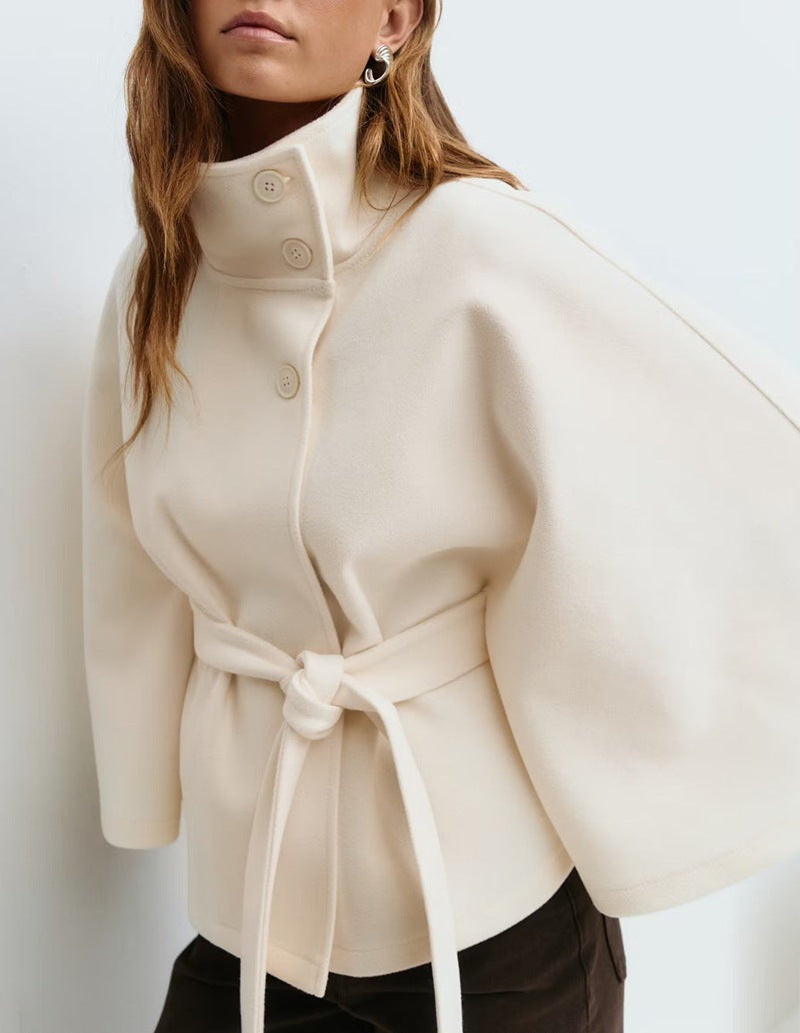 Winter High Neck Batwing Sleeve Coat - Elegant Belted Trench Coat for Women