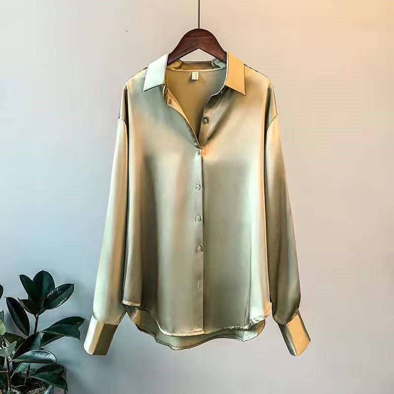 Women's Long-Sleeved Satin Shirt - Elegant Button-Down Blouse for Office, Casual & Evening Wear