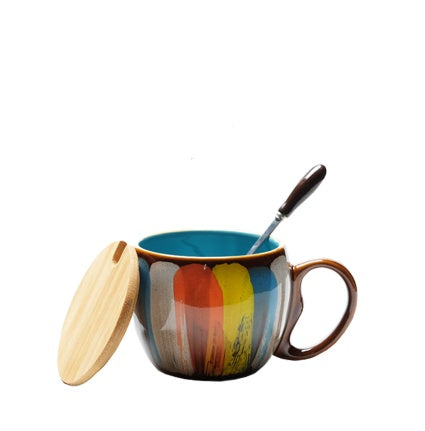 Tasse en céramique créative avec couvercle et cuillère - Ensemble tasse à café 350 ml pour le petit déjeuner