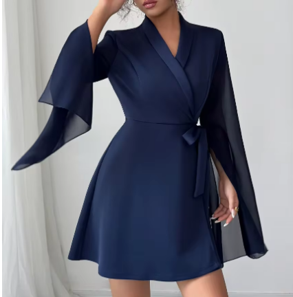 Vestido elegante de manga larga con lazo - Vestido midi de línea A sofisticado