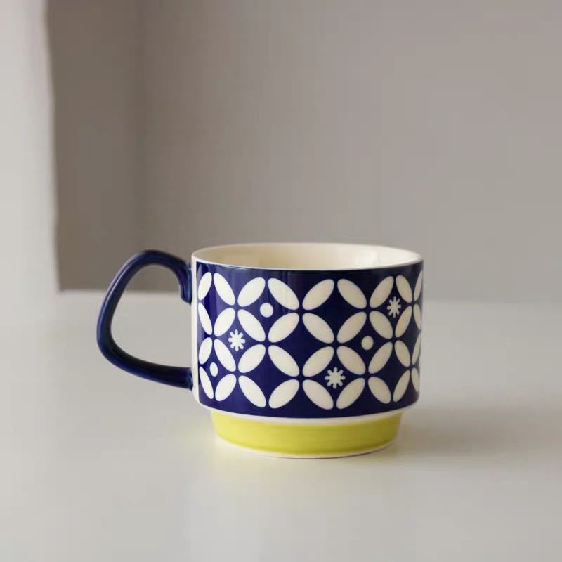 Premium Ceramic Retro Underglaze Coffee Cups - Stackable Nordic Flower Pattern Mugs