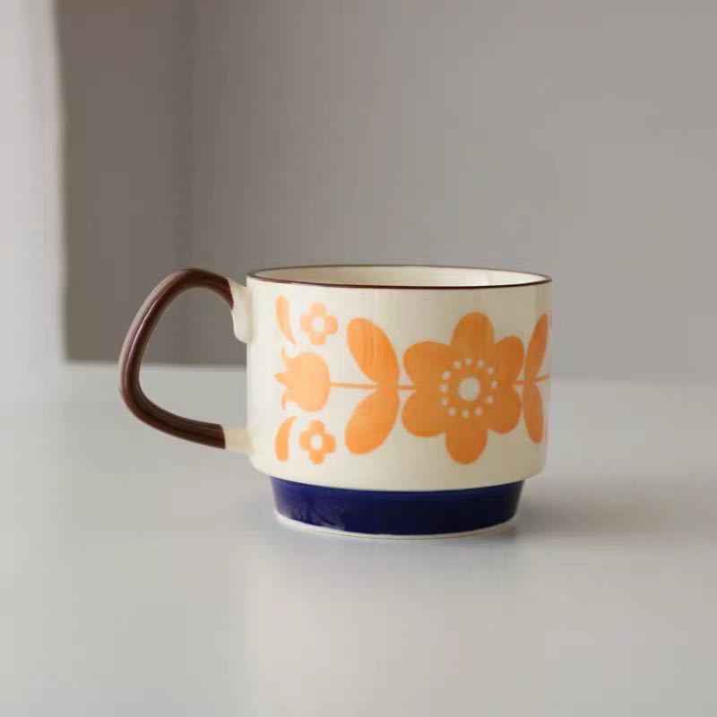 Premium Ceramic Retro Underglaze Coffee Cups - Stackable Nordic Flower Pattern Mugs