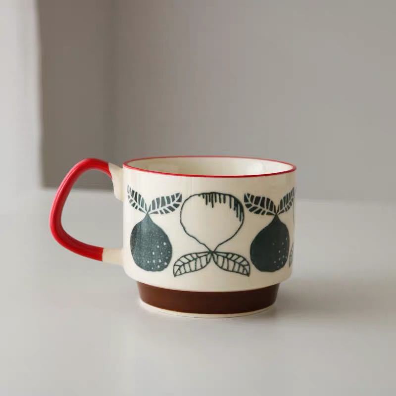 Premium Ceramic Retro Underglaze Coffee Cups - Stackable Nordic Flower Pattern Mugs
