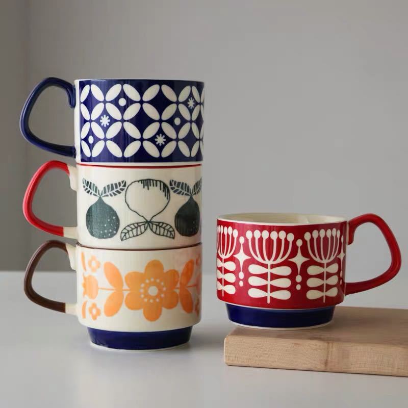 Premium Ceramic Retro Underglaze Coffee Cups - Stackable Nordic Flower Pattern Mugs