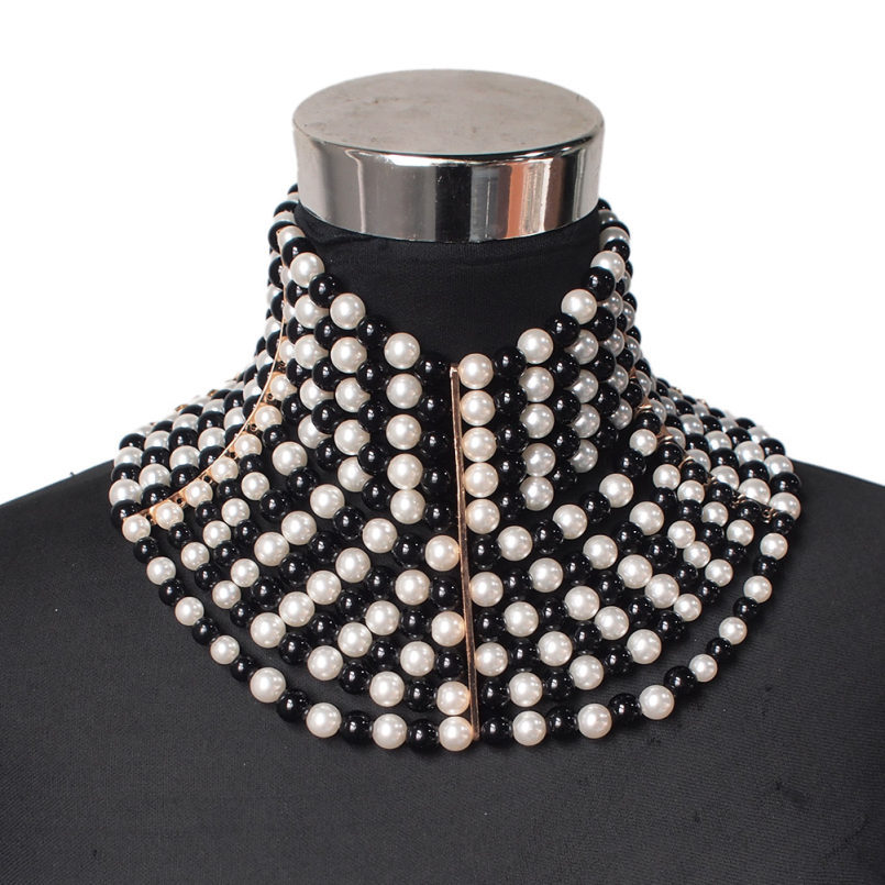 Multi-Layered Pearl Statement Necklace - Bold Choker Style Collar Necklace