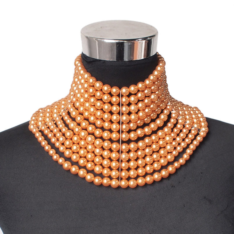 Multi-Layered Pearl Statement Necklace - Bold Choker Style Collar Necklace