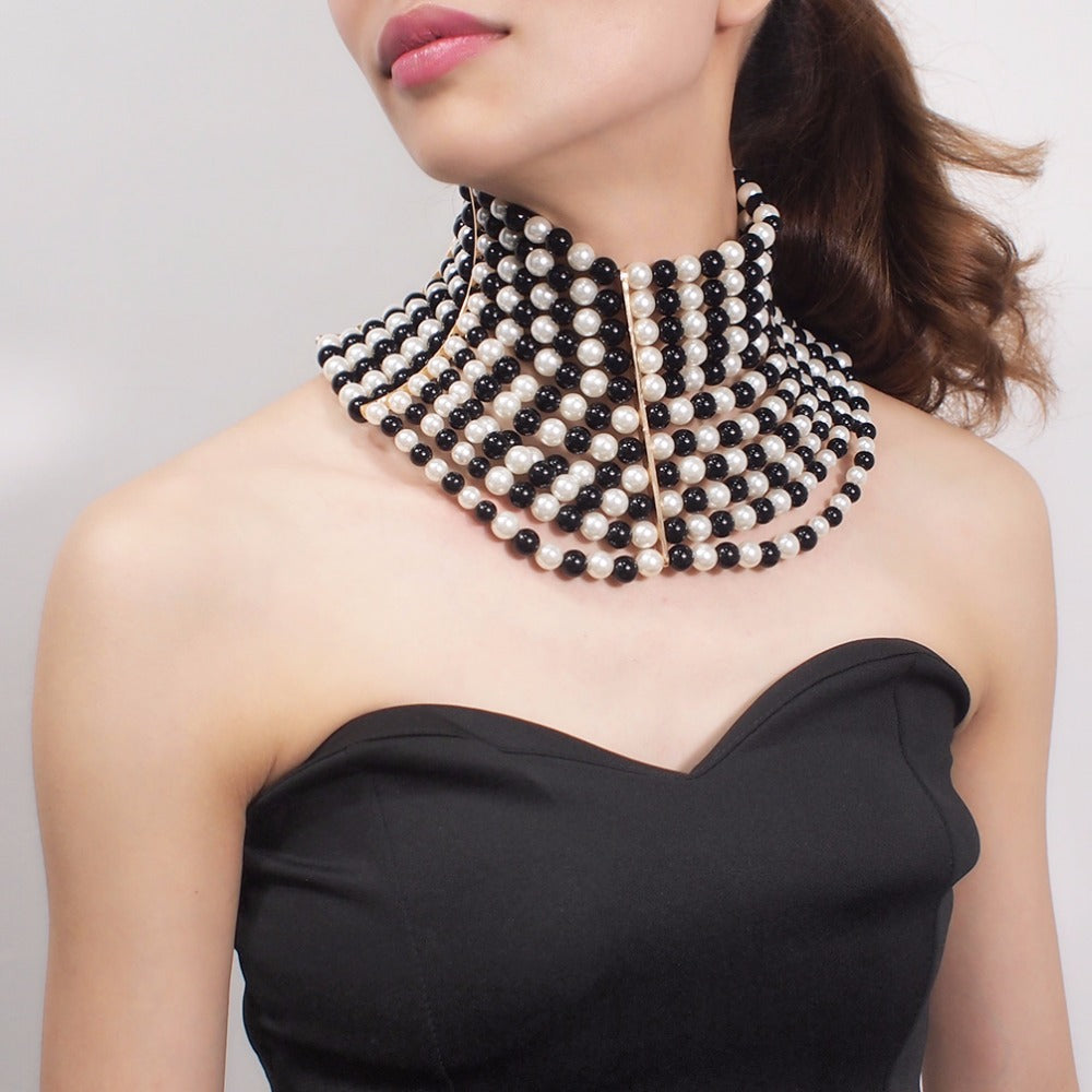 Multi-Layered Pearl Statement Necklace - Bold Choker Style Collar Necklace