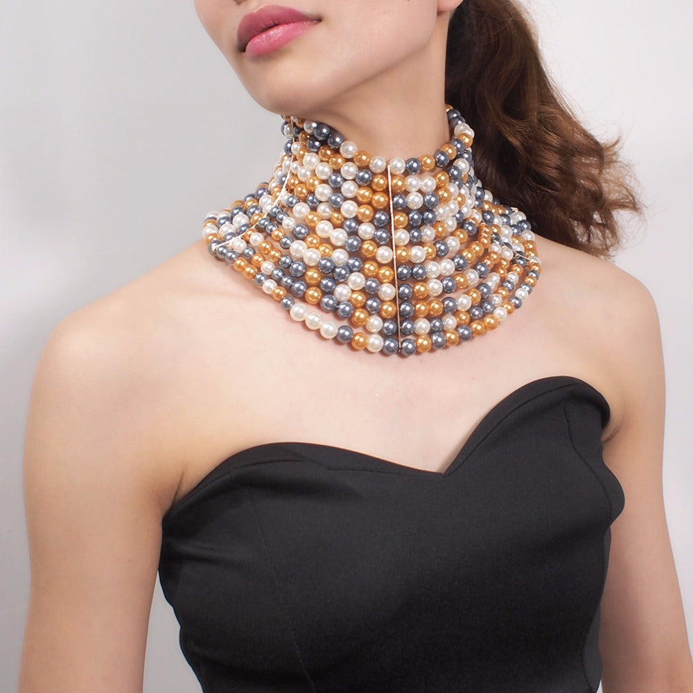 Multi-Layered Pearl Statement Necklace - Bold Choker Style Collar Necklace