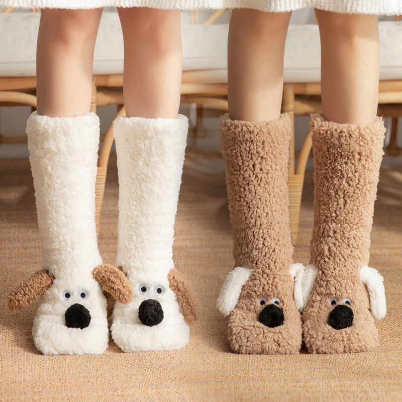 Chaussettes en peluche douillettes à motif chien de dessin animé - Chaussettes d'intérieur antidérapantes et chaudes pour femmes en hiver