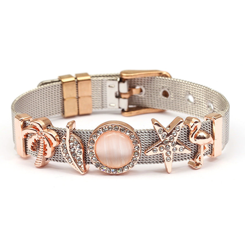 Stainless Steel Mesh Bracelet - Heart Charm Adjustable Bangle