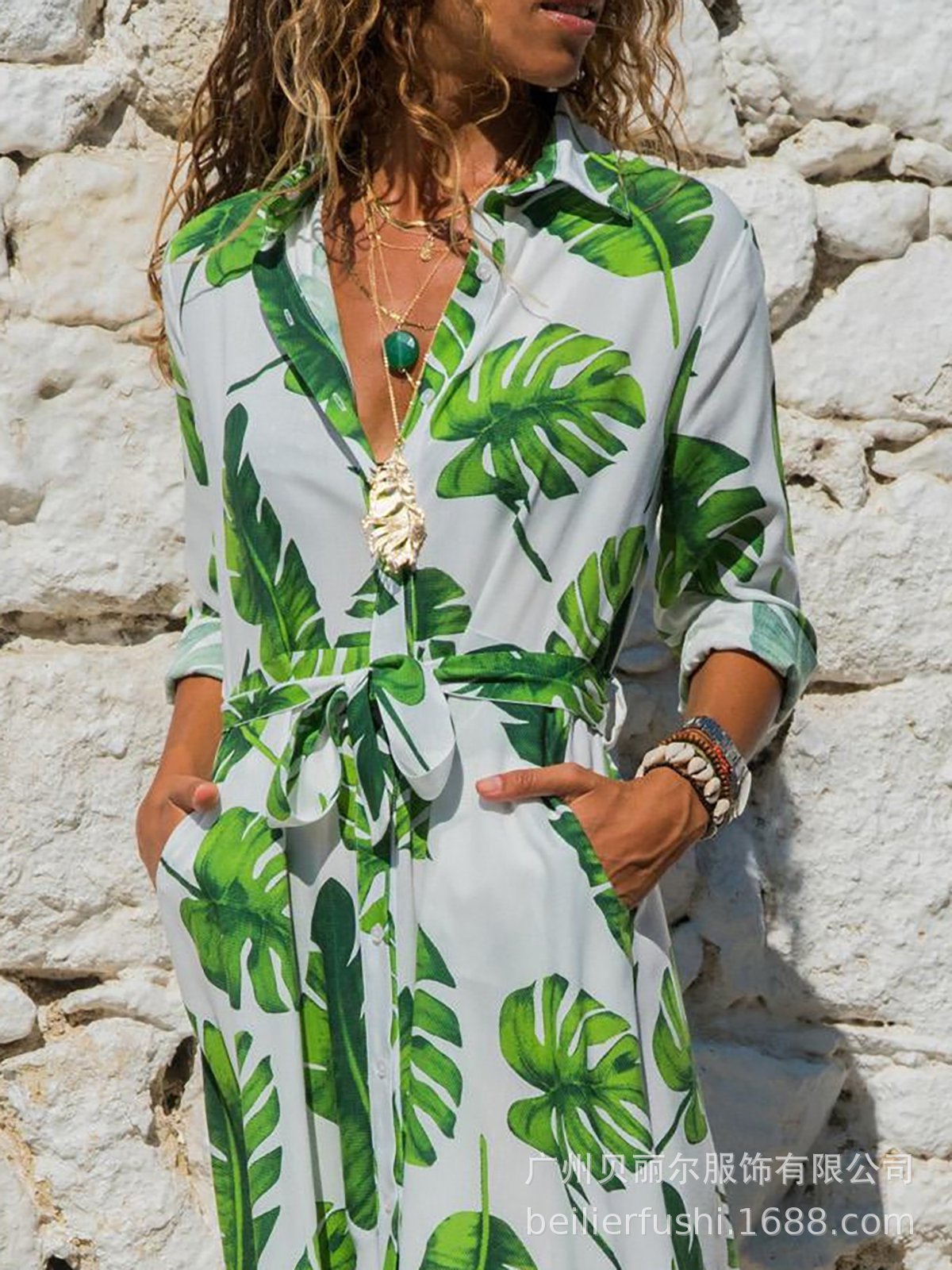 Madrid Vintage Chiffon Maxi-jurk — Elegante V-hals Lange Mouw Boheemse Jurk