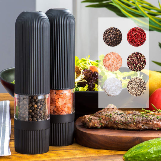 Electric Pepper & Salt Grinder - One-Handed Automatic Mill with LED Light for Kitchen Cooking