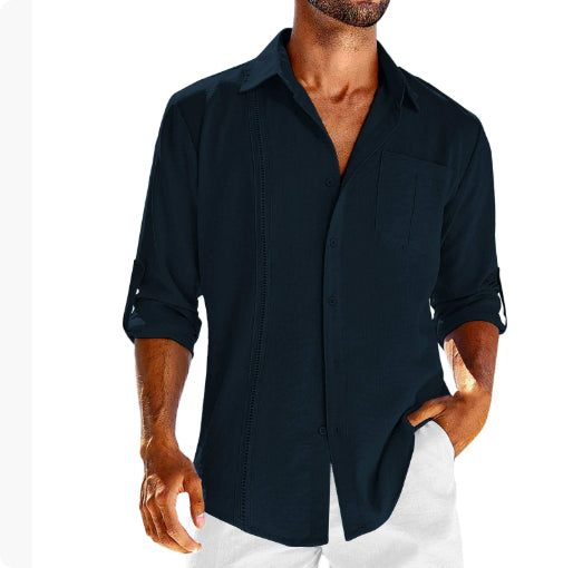 Camisa informal de manga larga con bolsillo - Camisa de botones con cuello tipo polo para hombre