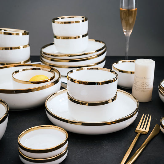 Premium Porcelain Dinnerware Set - Gold Trim American Style Bowls & Plates