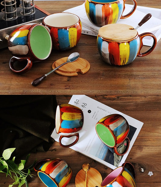 Creatieve keramische beker met deksel en lepel - 350ml koffiebeker ontbijtbeker set