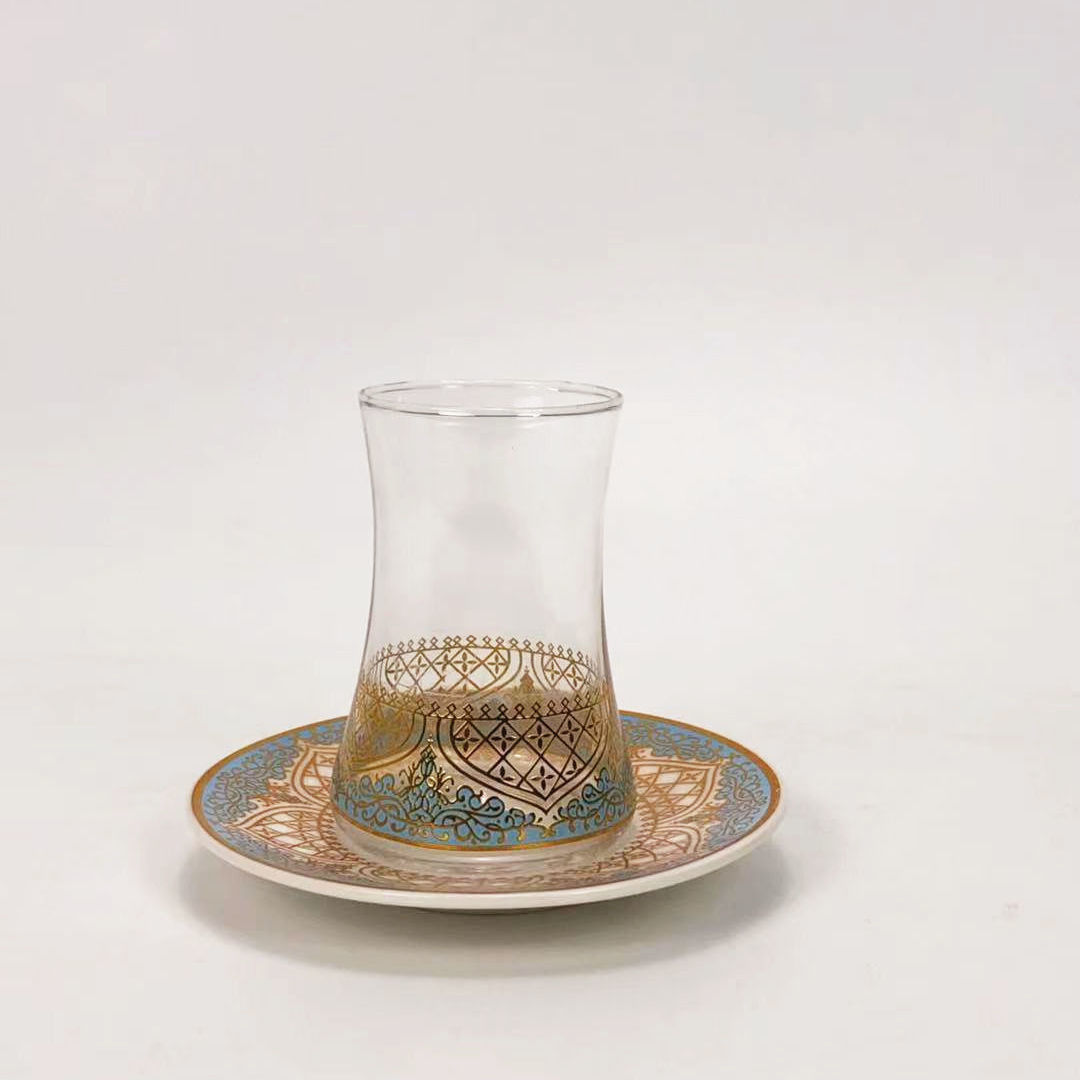 Hochwertiges türkisches Glas Kaffee- und Teetassen-Set – Romantisches Gletscher-Muster Untertassen-Set
