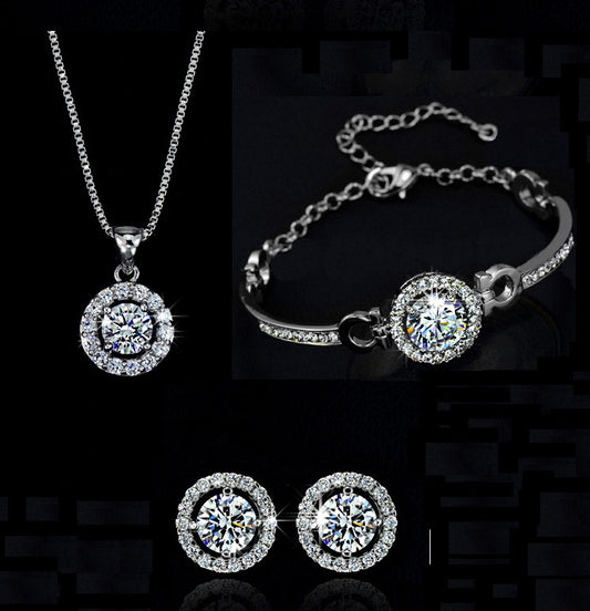 Classic Halo Crystal Jewelry Set - Elegant Necklace Bracelet Earrings Collection