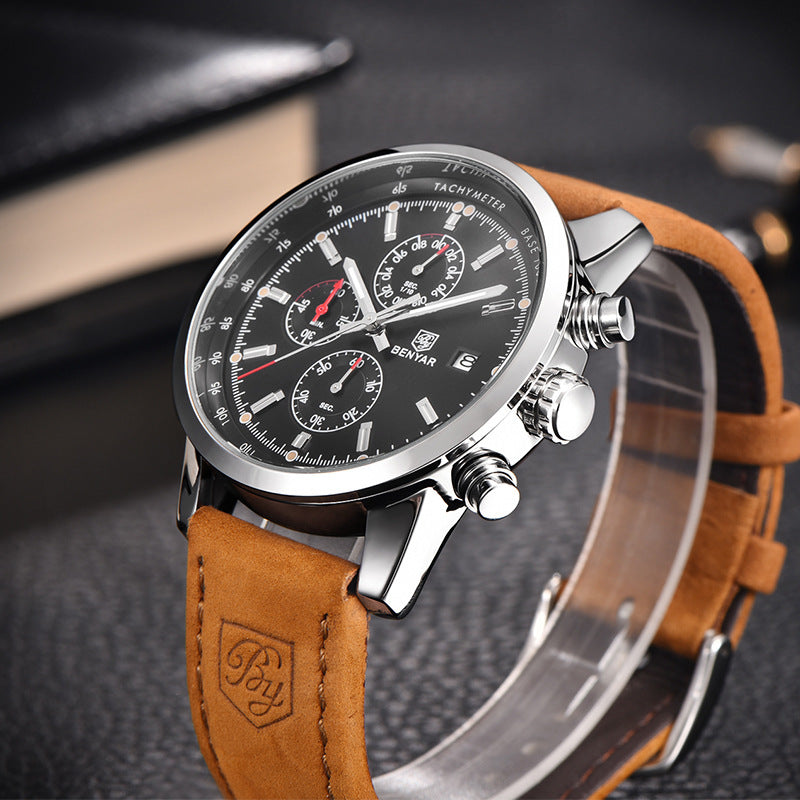 Montre chronographe pour homme - Bracelet en cuir de luxe, style décontracté professionnel
