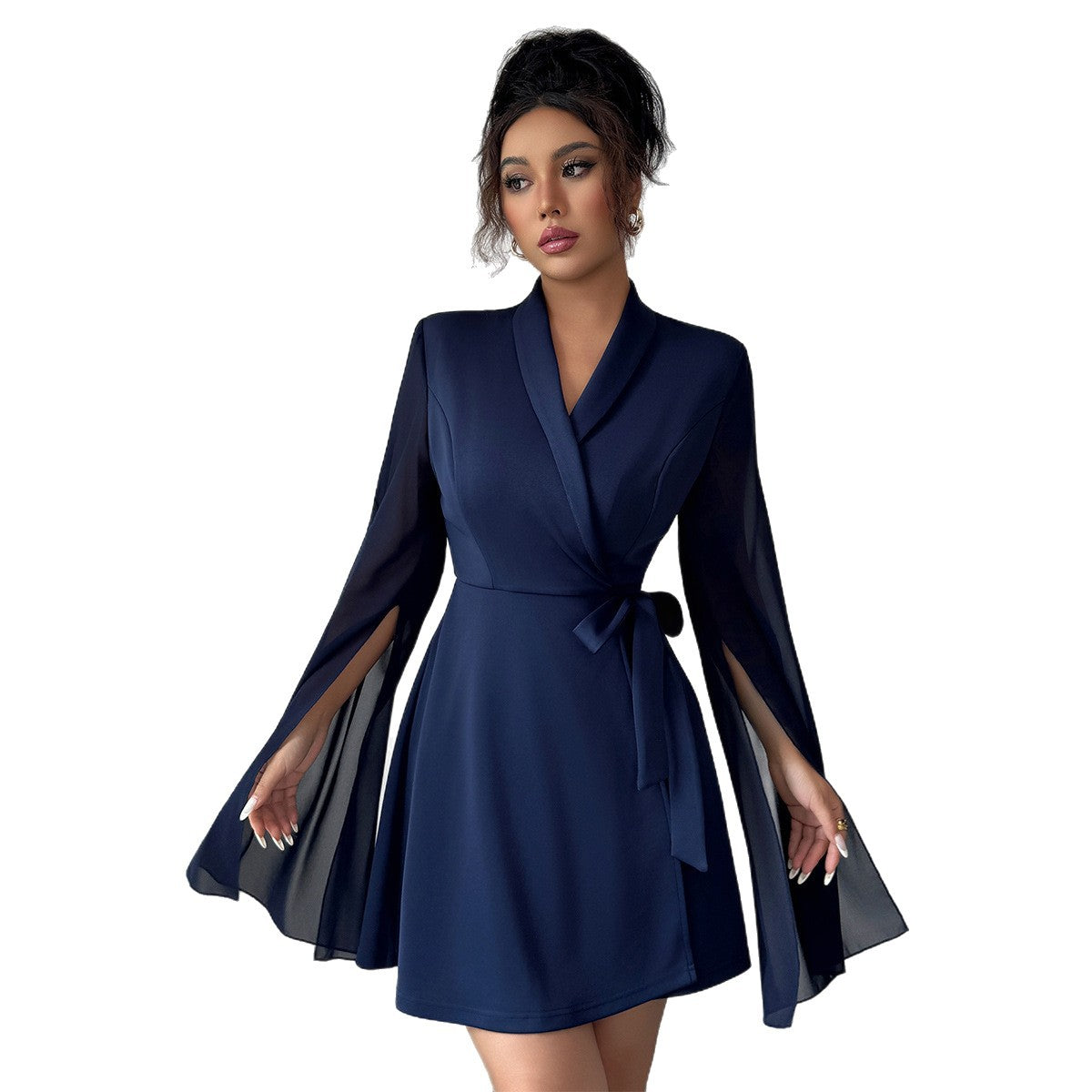 Elegant Long Sleeve Tie Dress - Sophisticated A-Line Midi Dress