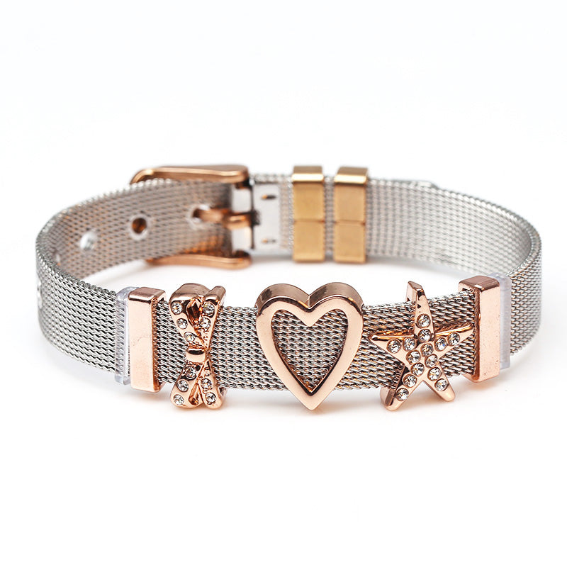 Stainless Steel Mesh Bracelet - Heart Charm Adjustable Bangle