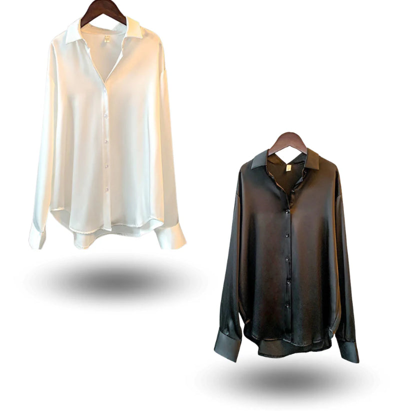 Women's Long-Sleeved Satin Shirt - Elegant Button-Down Blouse for Office, Casual & Evening Wear