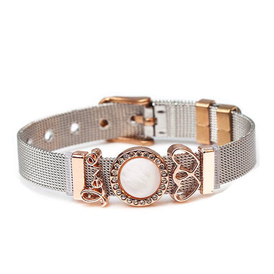 Stainless Steel Mesh Bracelet - Heart Charm Adjustable Bangle