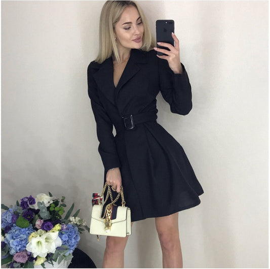 Belted Lapel Dress - Elegant Short Dress with Silk Finish