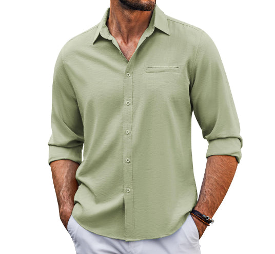 Camisa informal de manga larga con bolsillo - Camisa de botones con cuello tipo polo para hombre
