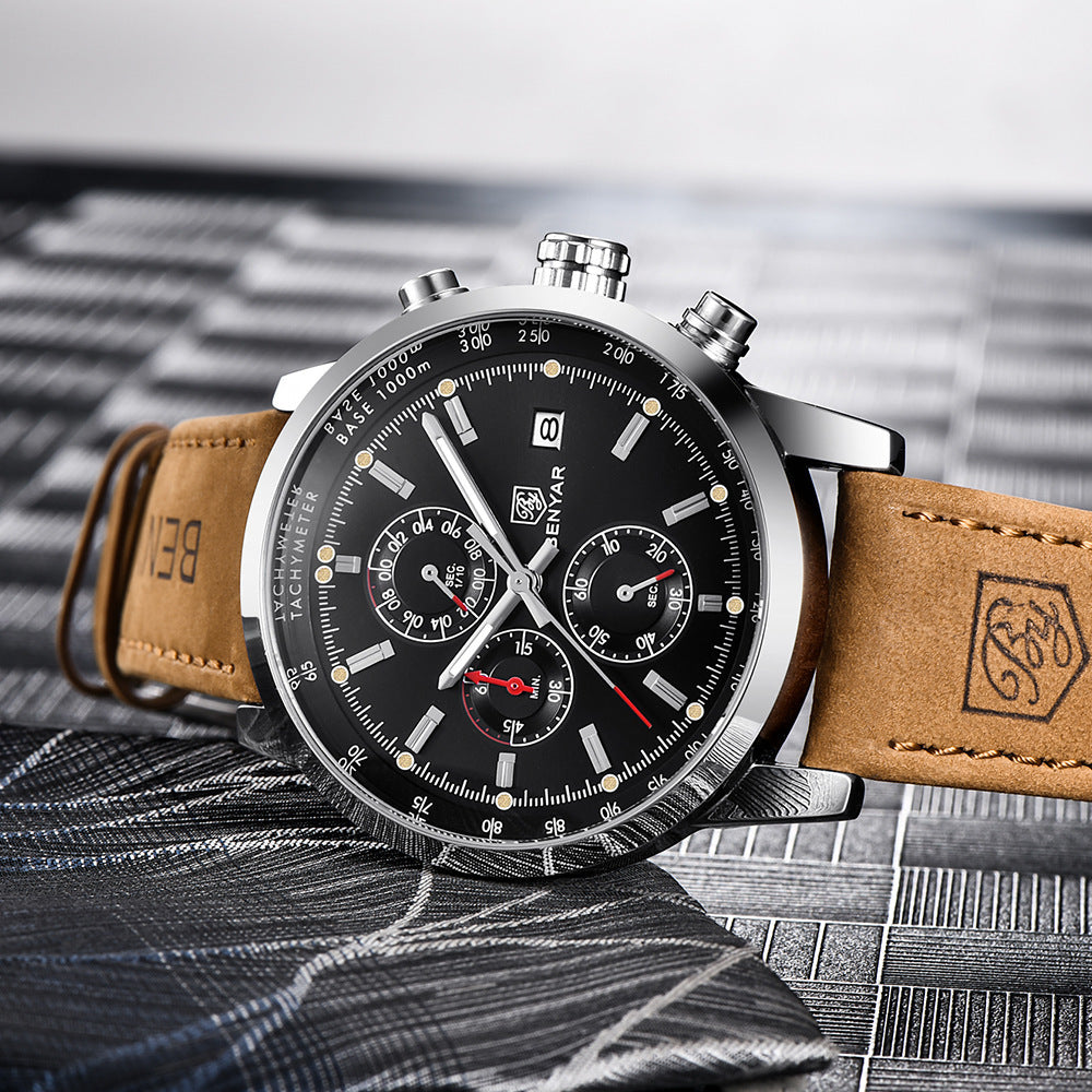 Montre chronographe pour homme - Bracelet en cuir de luxe, style décontracté professionnel