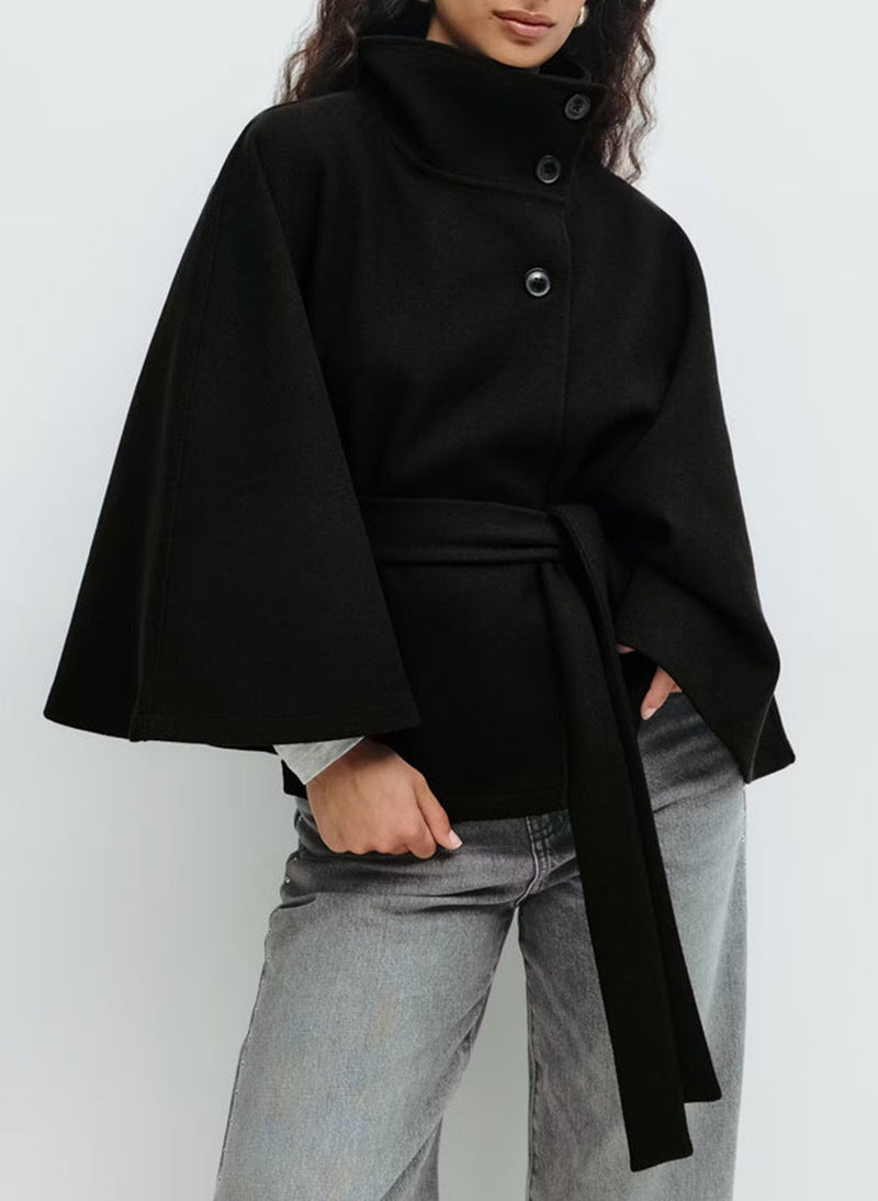 Winter High Neck Batwing Sleeve Coat - Elegant Belted Trench Coat for Women