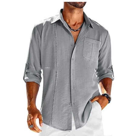 Camisa informal de manga larga con bolsillo - Camisa de botones con cuello tipo polo para hombre
