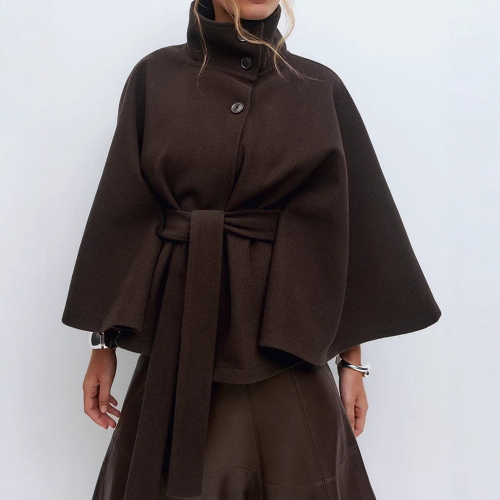 Winter High Neck Batwing Sleeve Coat - Elegant Belted Trench Coat for Women