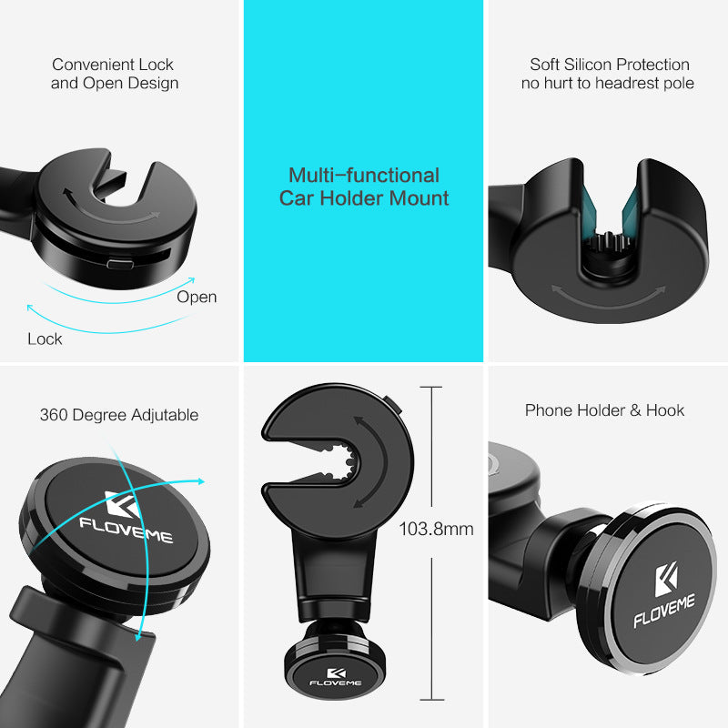 Car Headrest Hook Holder - 360° Magnetic Phone Mount Back Seat Organizer
