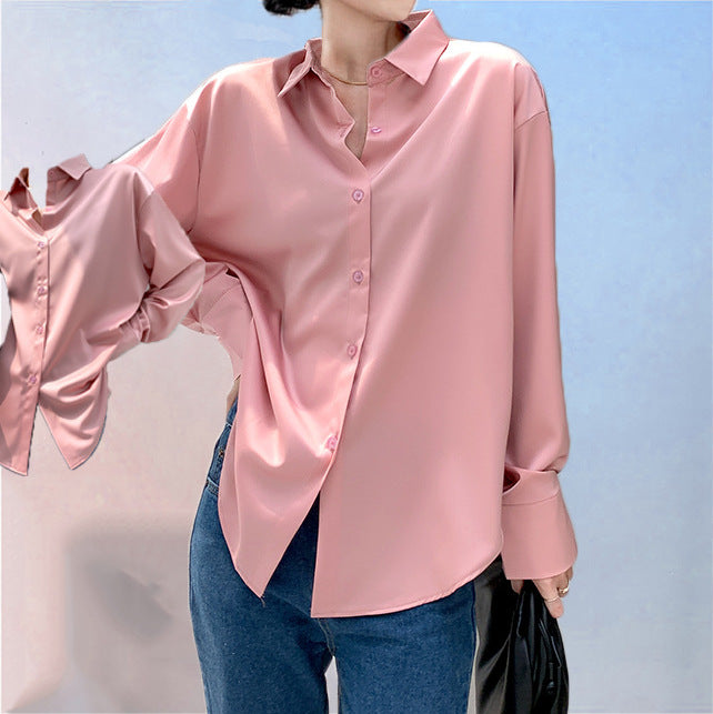 Women's Long-Sleeved Satin Shirt - Elegant Button-Down Blouse for Office, Casual & Evening Wear
