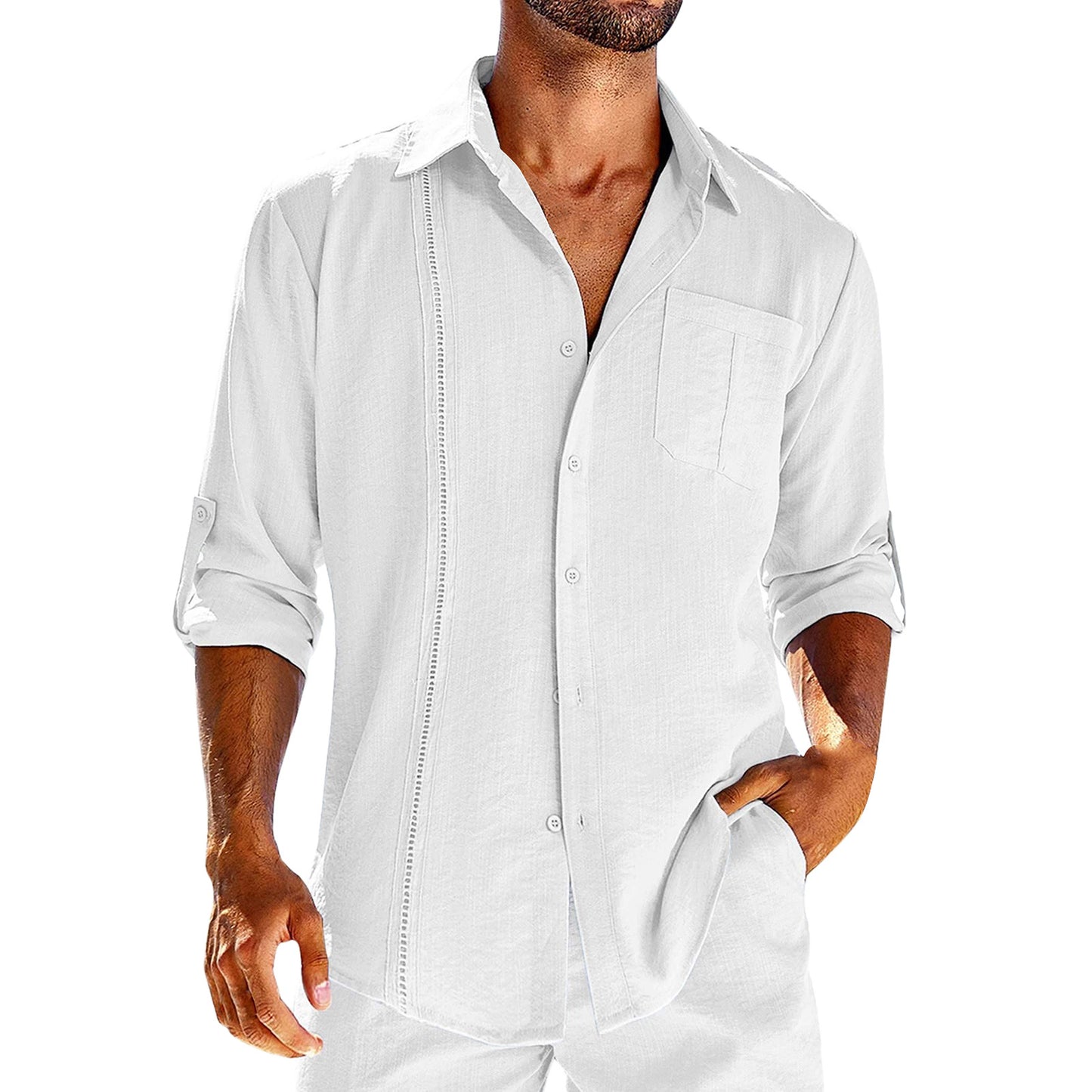 Camisa informal de manga larga con bolsillo - Camisa de botones con cuello tipo polo para hombre