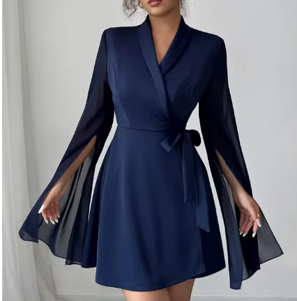 Vestido elegante de manga larga con lazo - Vestido midi de línea A sofisticado
