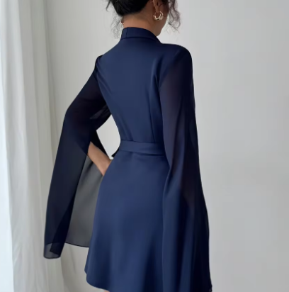 Vestido elegante de manga larga con lazo - Vestido midi de línea A sofisticado