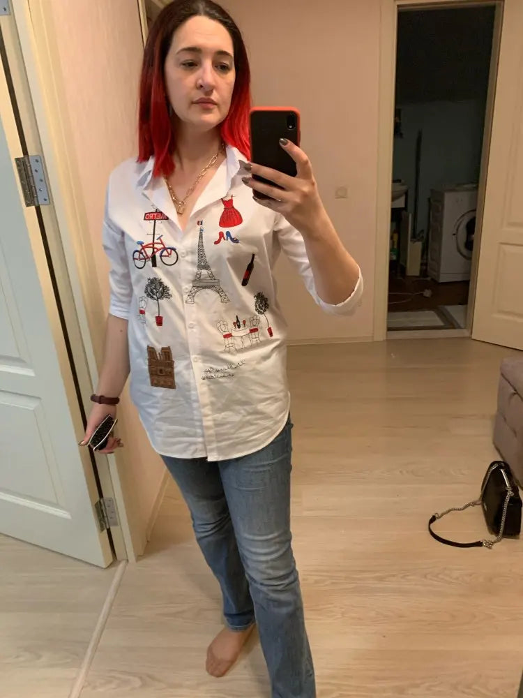 2024 New White Shirt Casual Button Up Turn Down Collar Female Blouse Long Sleeve Cotton Blouse Embroidery Blouse Lady 5083 50