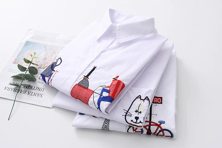 2024 New White Shirt Casual Button Up Turn Down Collar Female Blouse Long Sleeve Cotton Blouse Embroidery Blouse Lady 5083 50
