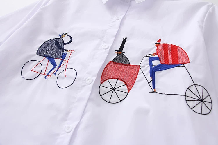 2024 New White Shirt Casual Button Up Turn Down Collar Female Blouse Long Sleeve Cotton Blouse Embroidery Blouse Lady 5083 50