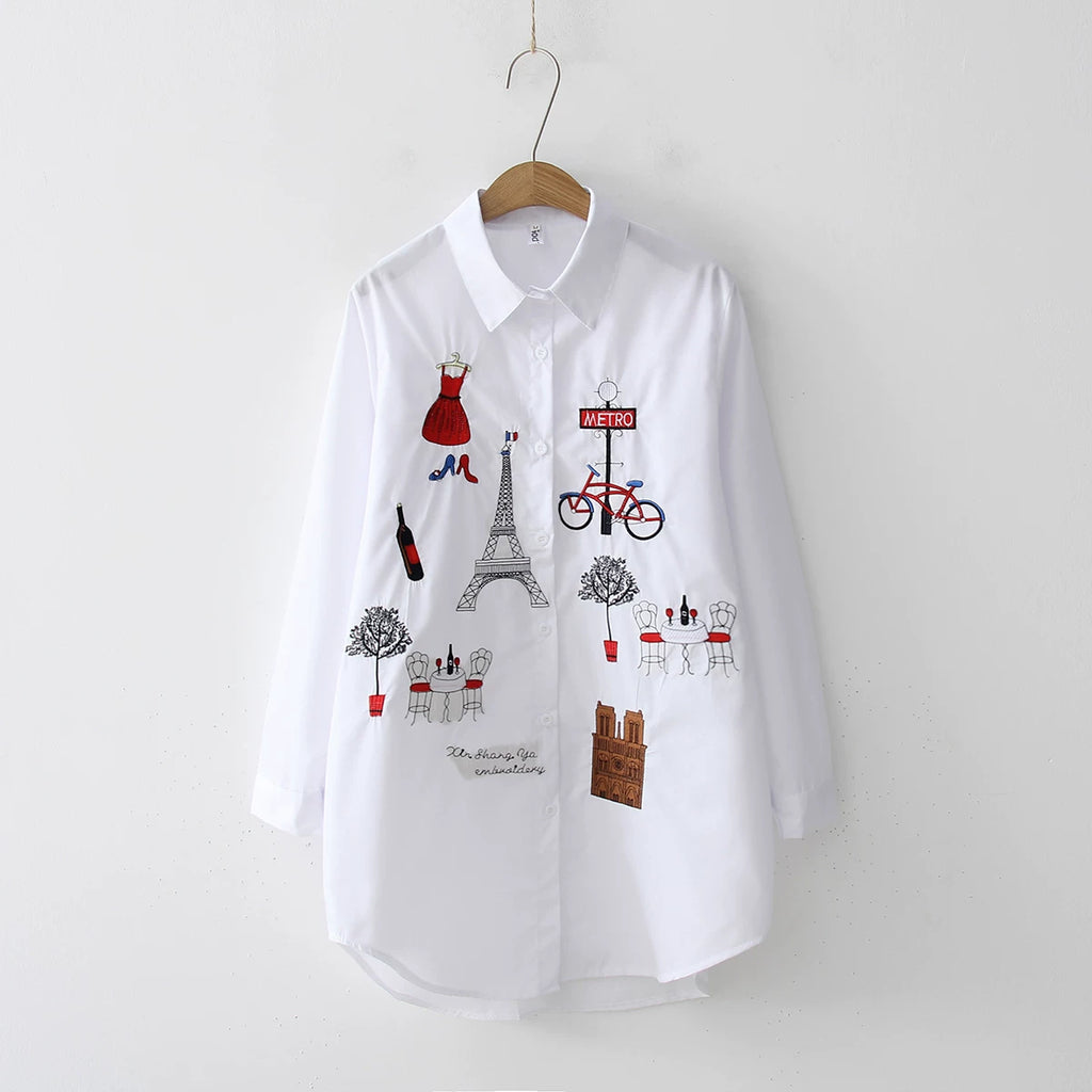 2024 New White Shirt Casual Button Up Turn Down Collar Female Blouse Long Sleeve Cotton Blouse Embroidery Blouse Lady 5083 50