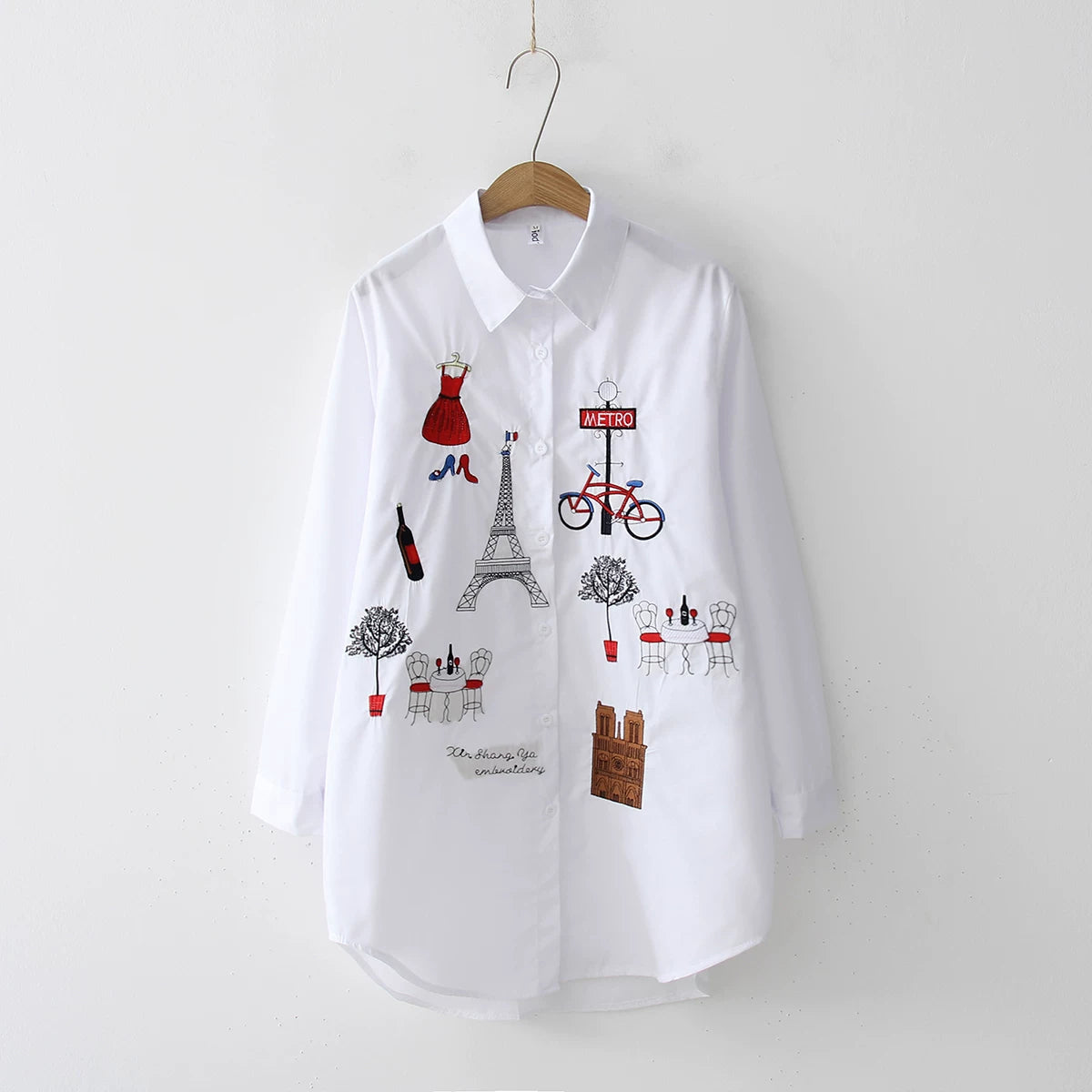2024 New White Shirt Casual Button Up Turn Down Collar Female Blouse Long Sleeve Cotton Blouse Embroidery Blouse Lady 5083 50