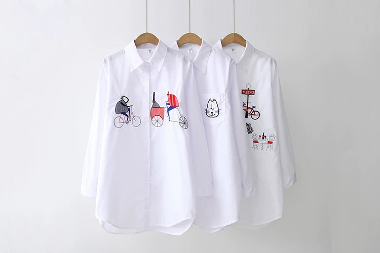 2024 New White Shirt Casual Button Up Turn Down Collar Female Blouse Long Sleeve Cotton Blouse Embroidery Blouse Lady 5083 50