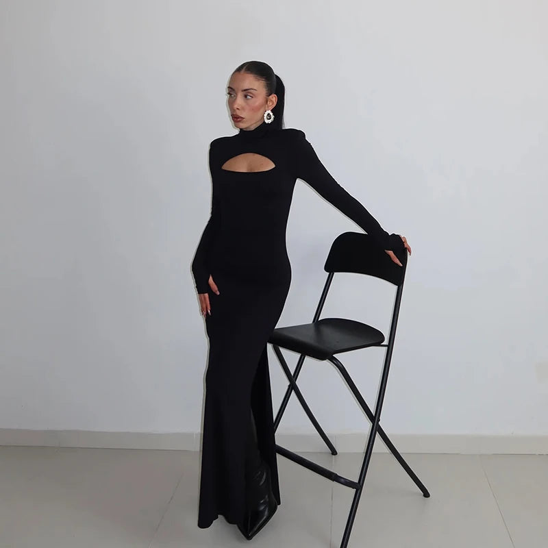 Ribbed Knit Bodycon Maxi Dress - Long Sleeve Turtleneck Sheath Dress for Women