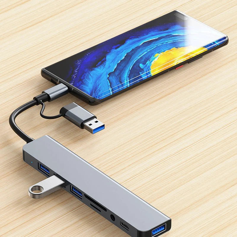 8-in-2-USB- und USB-C-Hub-Dockingstation mit 3,5-mm-Audioanschlussadapter, Micro-SD-Kartenleser, Laptop-, Tablet- und Smartphone-Festplattenkonverter