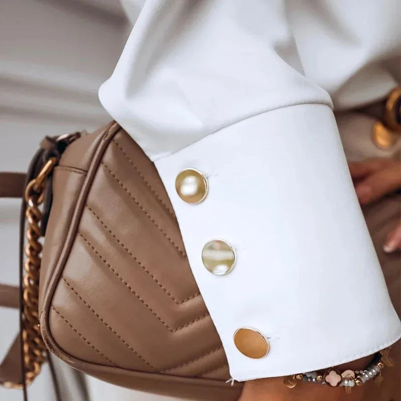 Long Sleeve 2025 Stand Collar Office Lady Tops Button Up Women Blouse White Casual Woman Shirt Fashion Black Loose Shirts 10619