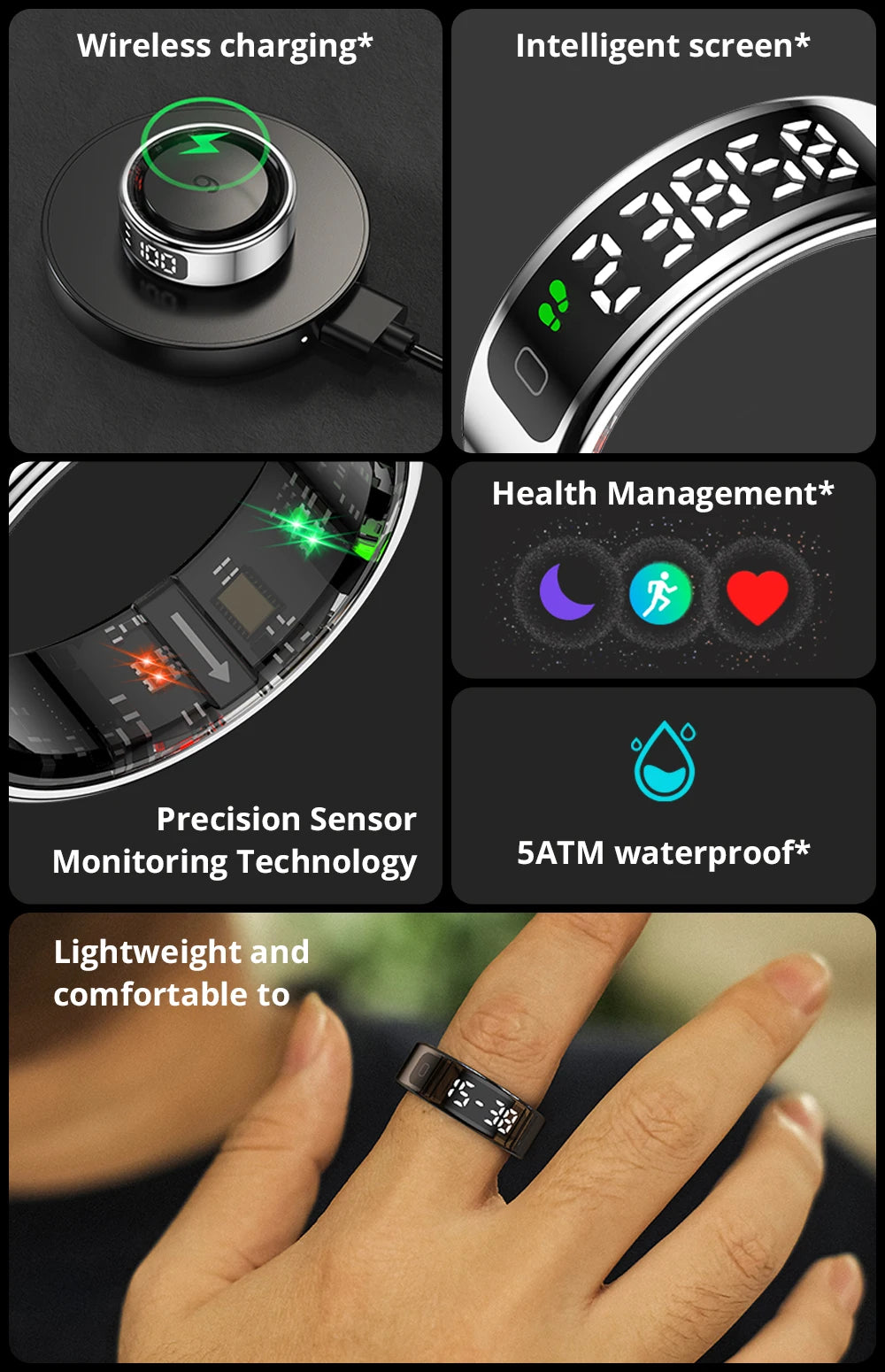 R12 Smart Ring – 24/7 Health Tracking with Touch Screen & Wireless Charge, 5 ATM Waterproof For Men Women