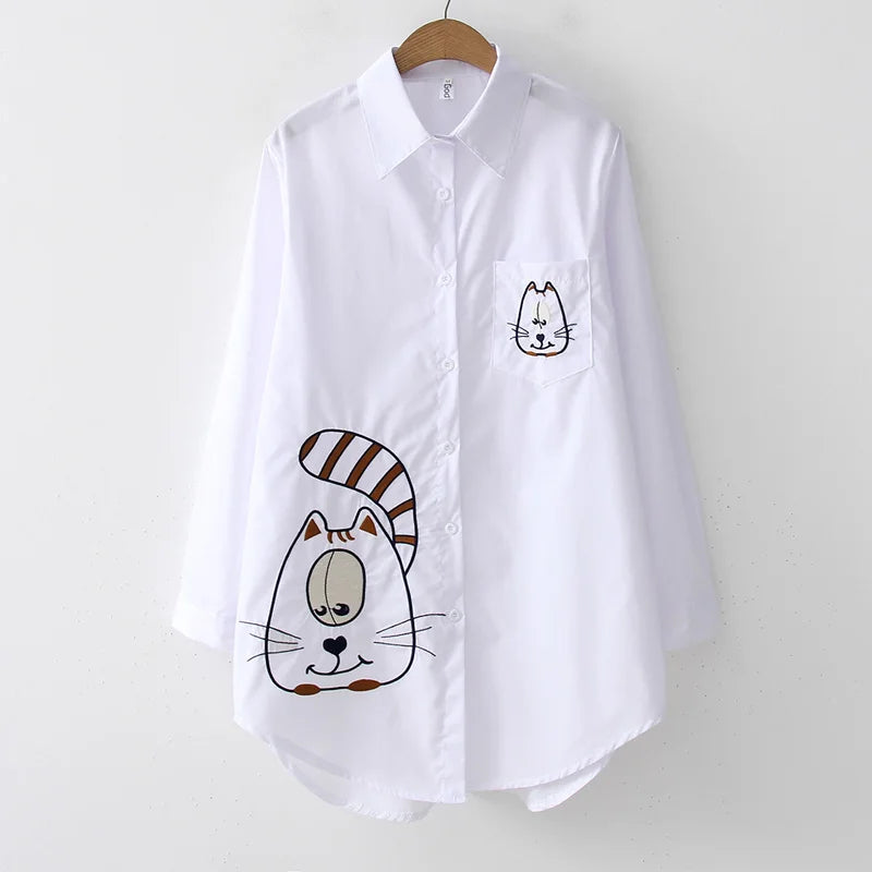 2024 New White Shirt Casual Button Up Turn Down Collar Female Blouse Long Sleeve Cotton Blouse Embroidery Blouse Lady 5083 50